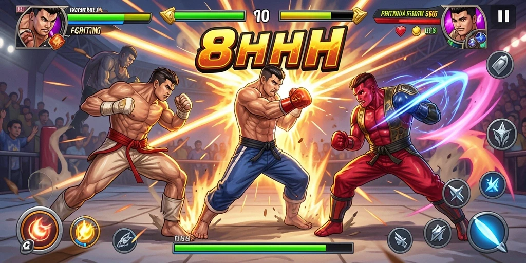 Gameplay pertarungan seru dengan karakter unik di 8HHH.