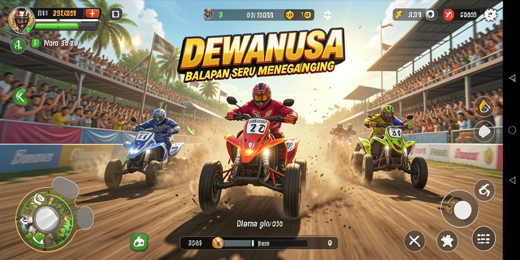 Tampak gameplay DEWANUSA dengan mobil balap yang beraksi.