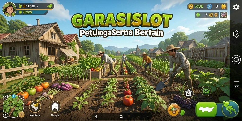 Gameplay GARASISLOT yang menampilkan kebun yang subur dan hewan ternak.