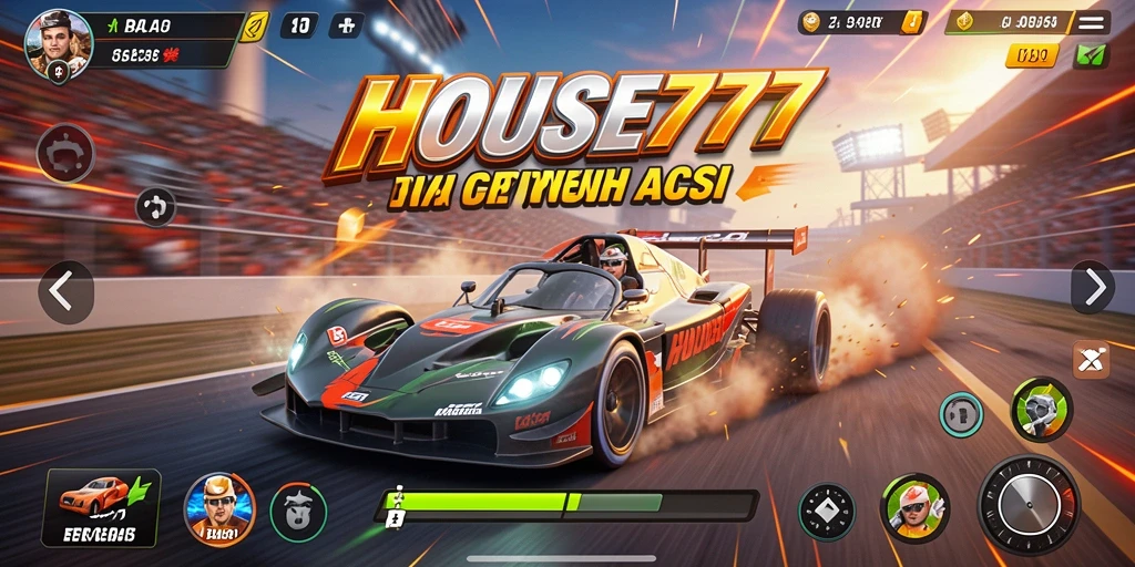 Screenshot gameplay HOUSE777 menampilkan balapan penuh aksi dan mobil yang stylish.