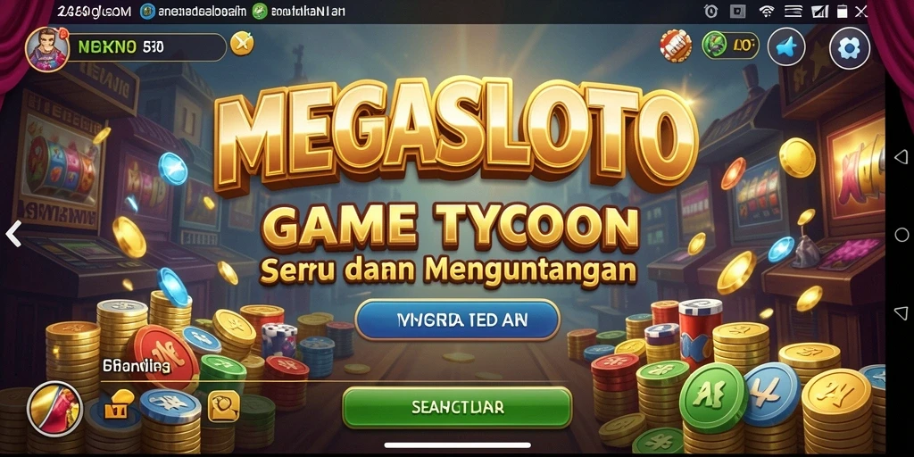 Screenshot gameplay MEGASLOTO menampilkan keseruan membangun kerajaan bisnis.
