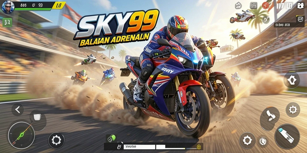 Screenshot gameplay SKY99 dengan aksi balapan motor yang mendebarkan.